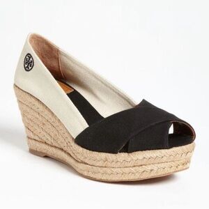 Tory Burch Black and Cream Wedge Shoes